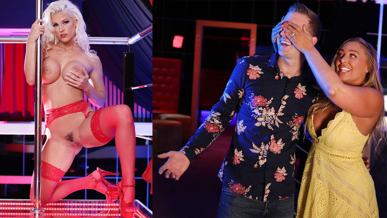 Stripper rubia en lencería roja con enormes tetas monta una polla gorda analmente
