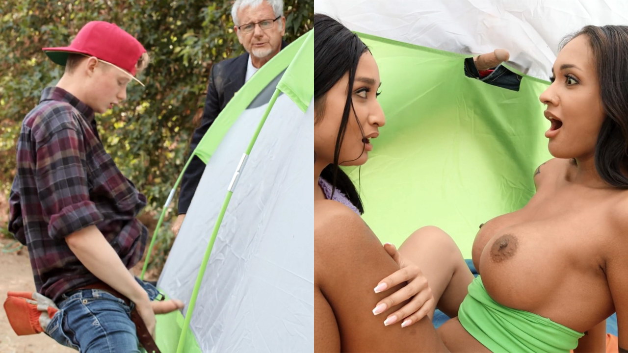 Dos chicas sexys desnudas seducen al joven granjero para formar un trío mientras acampan